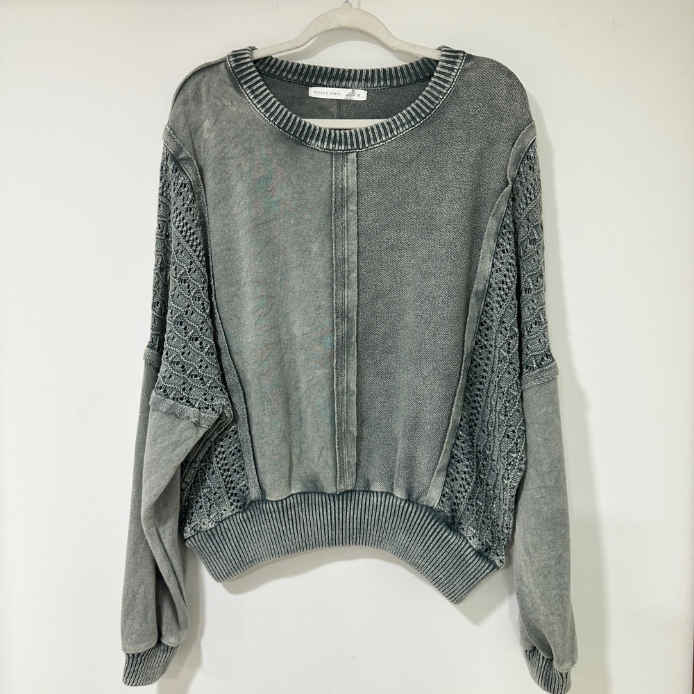 Altar'd State Sweater Womens Medium Gray Crochet Mixed Media Acid Wash Cotton M